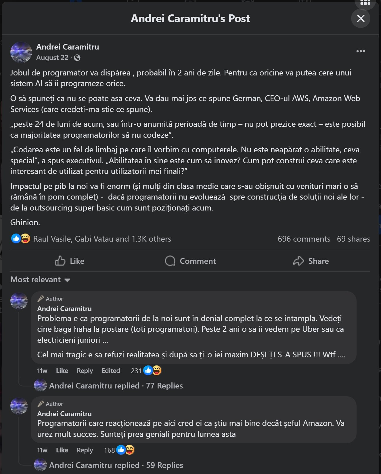 Postarea lui Andrei Caramitru pe Facebook care spune că job-ul de programator va dispărea în 2 ani.